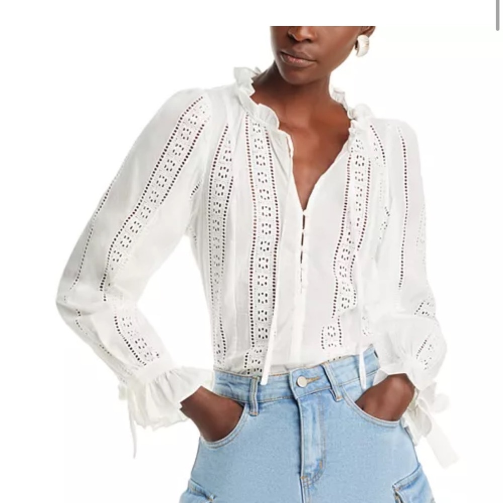 White Eyelet Blouse and Light Blue Denim Skirt